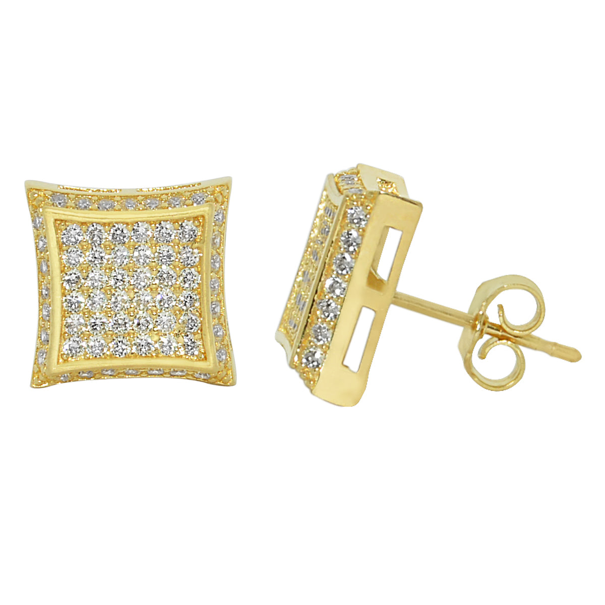 Genuine 14k Yellow Gold 10mm Unisex Men's Square Shaped Micro Pave Cubic Zirconia CZ Kite Studs