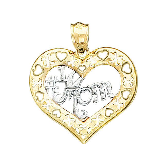 Genuine 14k Two-Tone Gold 0.78" Open Heart '#1 Mom' Mother's Day Pendant Charm for Women - Jewelry Gift, Mother's Day, New Mom, New Baby, Push Gift