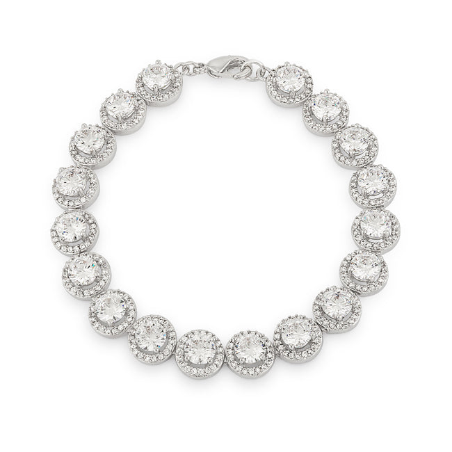 Silvertone Elegant Halo Cubic Zirconia Link Classic Bracelet