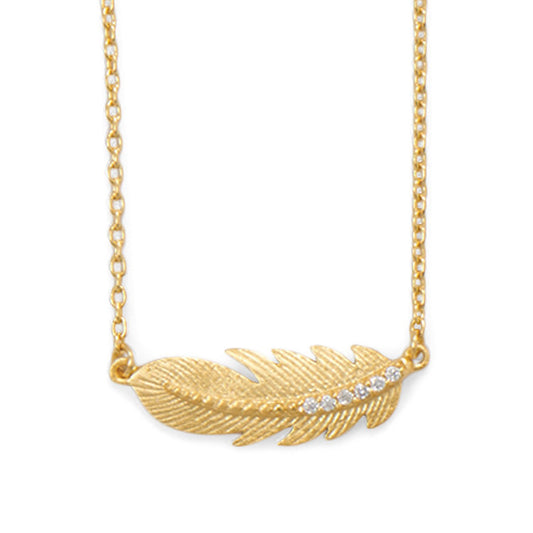 18k Yellow Gold Plated Sterling Silver Cubic Zirconia Feather Necklace