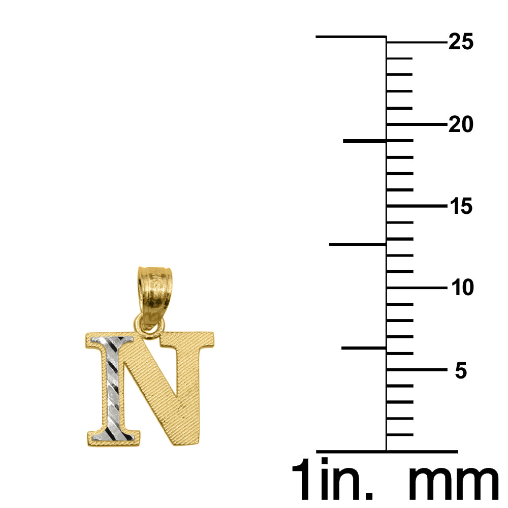 Genuine 14k Two-tone Gold 0.59" Diamond-cut Initial Block Letter 'N' Pendant For Men or Women - Gold Block Letter Charm