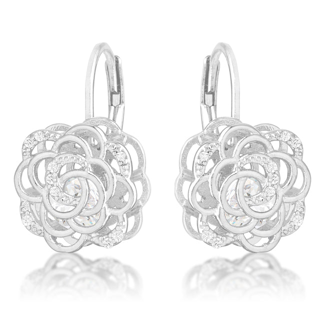 Silvertone Cubic Zirconia 3D Rose-Shape Drop Earrings