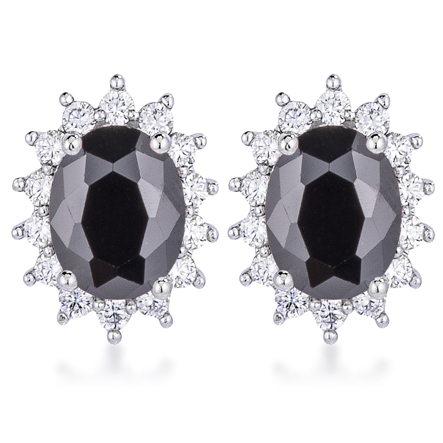 Silvertone Black Cubic Zirconia Oval Royal Earrings Studs