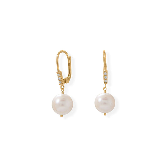 Gold Plated Cultured Freshwater Pearl and Cubic Zirconia Lever Earring