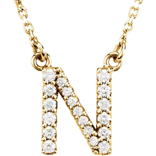 Genuine 14k Yellow Gold 1/6ct Diamond 0.35" Letter N Pendant 16" Initial Necklace