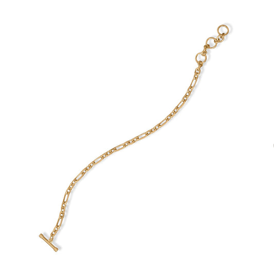 14k Gold Plated 925 Silver 7.5" Figaro Chain Adjustable Toggle Bracelet for Women