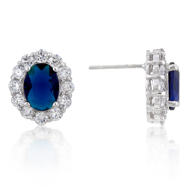 Silvertone Blue Oval Cubic Zirconia Royal Stud Earrings