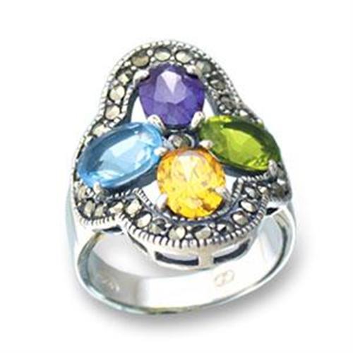 Antique Tone 925 Sterling Silver Ring with AAA Grade CZ  in Multi Color