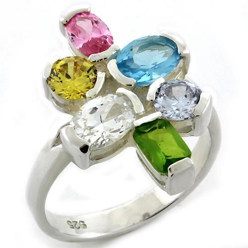High Polished 925 Sterling Silver Ring with AAA Grade CZ  in Multi Color