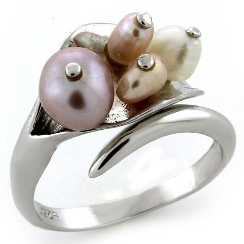 Rhodium 925 Sterling Silver Ring with Synthetic Pearl in Multi Color