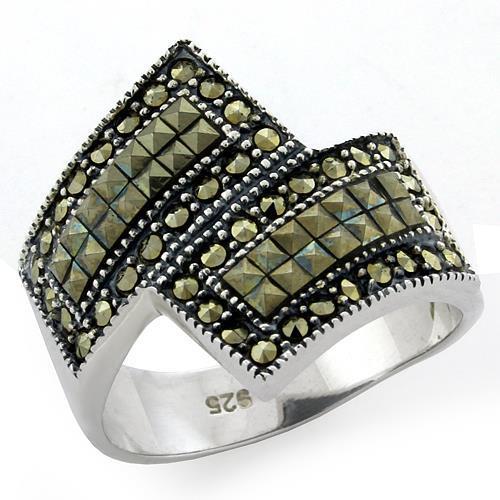 Antique Tone 925 Sterling Silver Ring with Semi Precious Marcasite in Jet