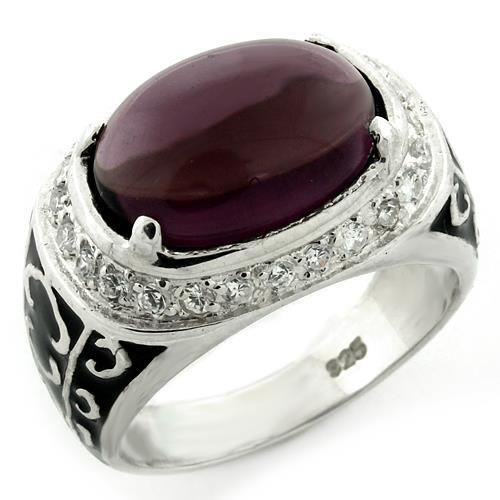 High Polished 925 Sterling Silver Ring with Synthetic Glass Bead in Amethyst