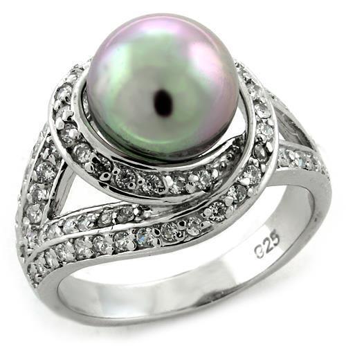 Rhodium 925 Sterling Silver Ring with Synthetic Pearl in Gray