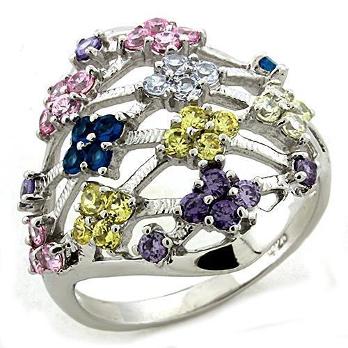 Rhodium 925 Sterling Silver Ring with AAA Grade CZ  in Multi Color