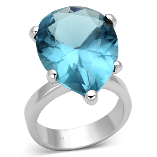 Rhodium 925 Sterling Silver Ring with Synthetic Synthetic Glass in Sea Blue