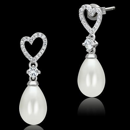 Rhodium 925 Sterling Silver Earrings with Synthetic Pearl in White