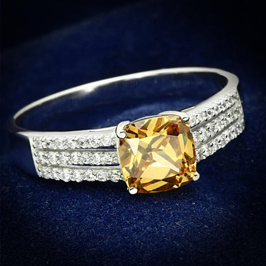 Rhodium 925 Sterling Silver Ring with AAA Grade CZ  in Champagne