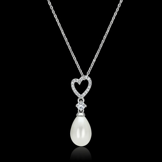 Rhodium 925 Sterling Silver Necklace with Synthetic Pearl in White