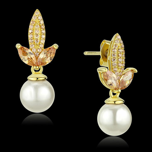 Gold 925 Sterling Silver Earrings with Synthetic Pearl in White