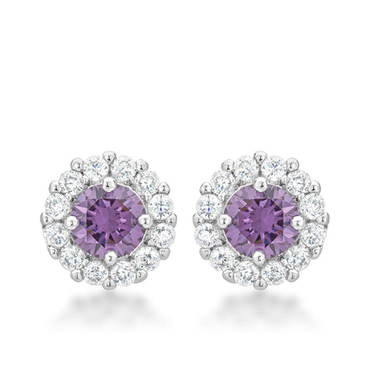 Precious Stars Silvertone Light Purple Cubic Zirconia Halo Stud Earrings