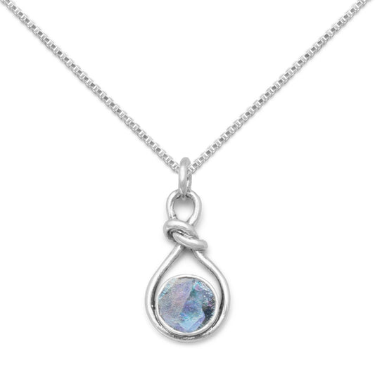 Sterling Silver Round-shape Roman Glass Knot Pendant with 1.5mm Box Chain