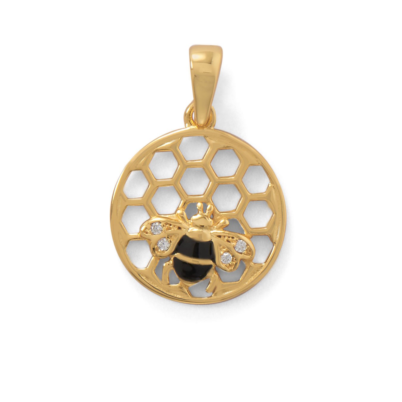 14k Yellow Goldplated Silver Cubic Zirconia Honeycomb and Bee Pendant
