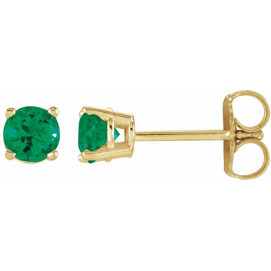 14k Yellow Gold 4 mm Lab-Grown Emerald Stud Earrings