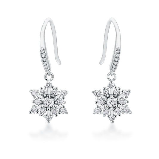 Winter Holiday Silvertone Rhodium Plated Cubic Zirconia Snowflake Earrings for Girls and Women