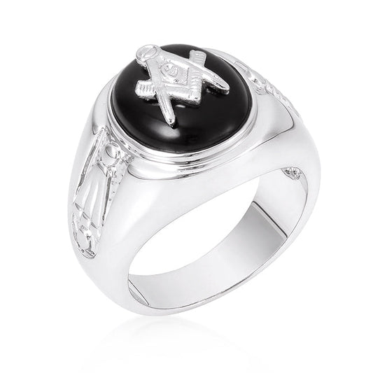 Precious Stars Silvertone Men's Black Onyx Masonic Ring