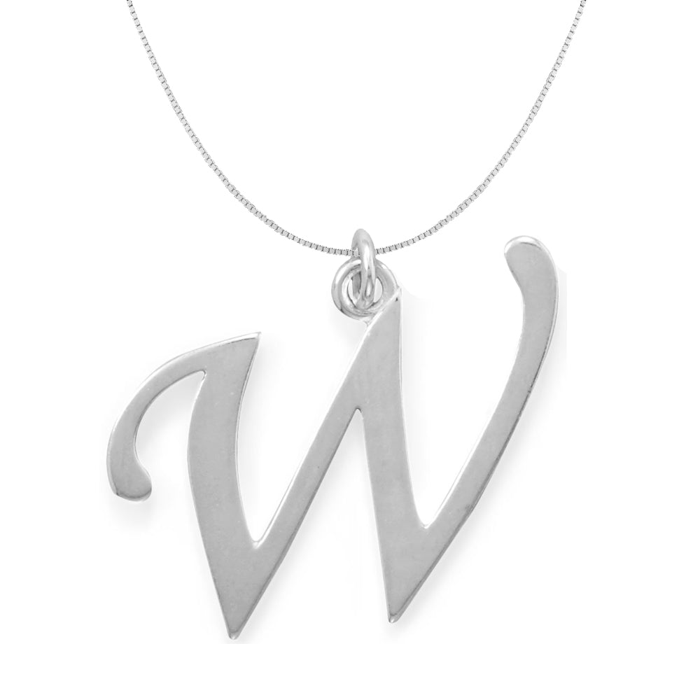 Sterling Silver Initial Letter W Pendant and Thin Box Chain