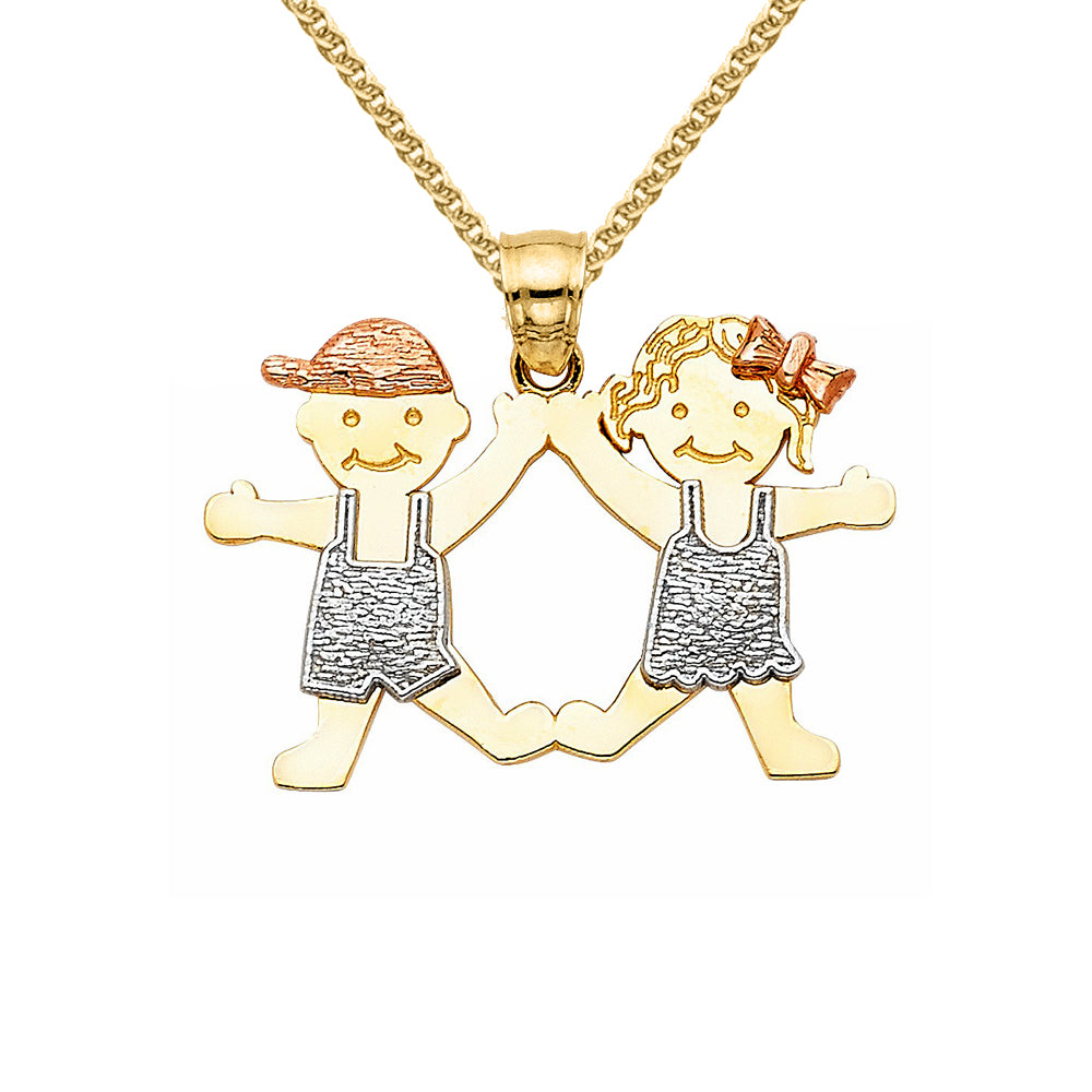 14k Tri-tone Gold Boy and Girl Mother's Day Pendant with Wheat Chain