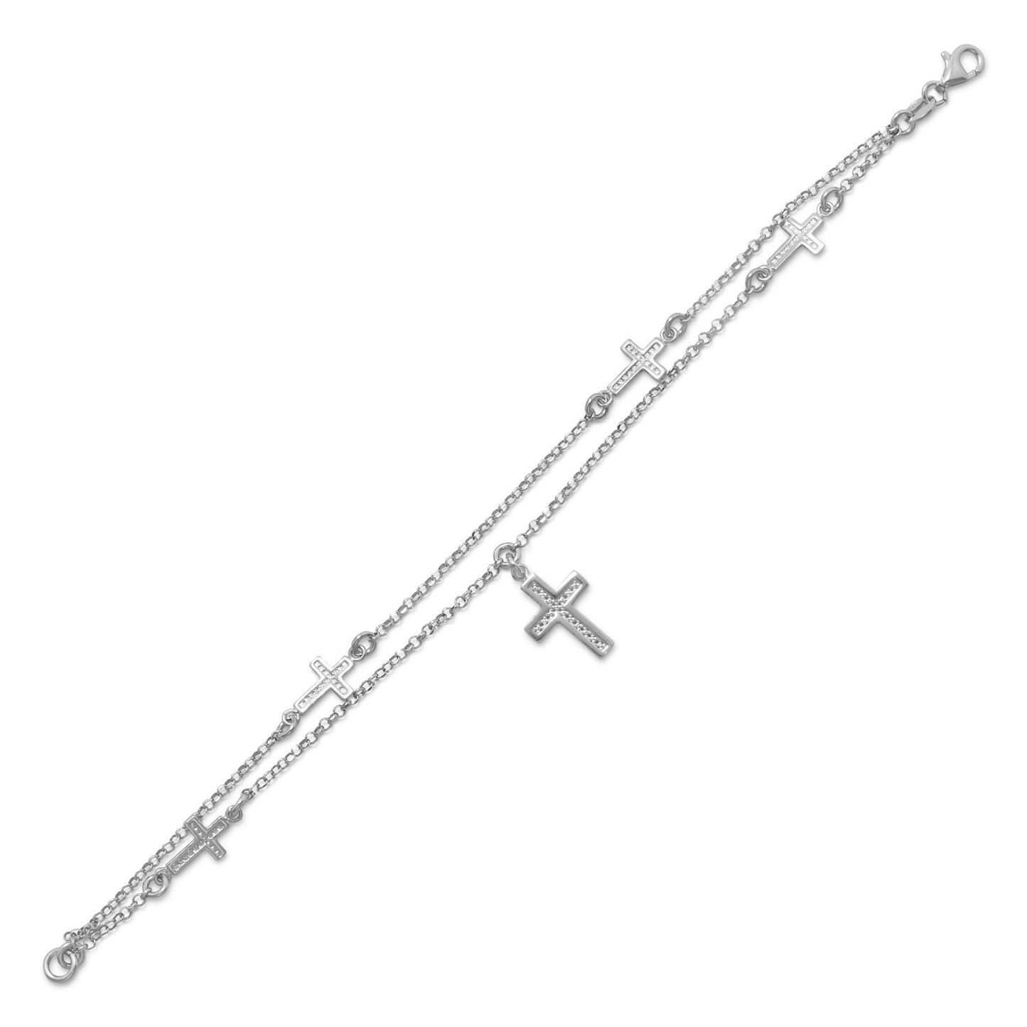 Rhodium Plated Sterling Silver Double Strand Cross Charm Bracelet