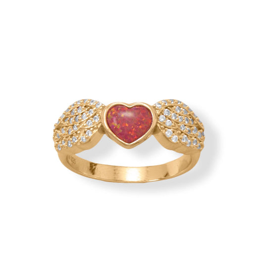 16k Goldplated Silver Red Opal Heart and Cubic Zirconia Wing Ring
