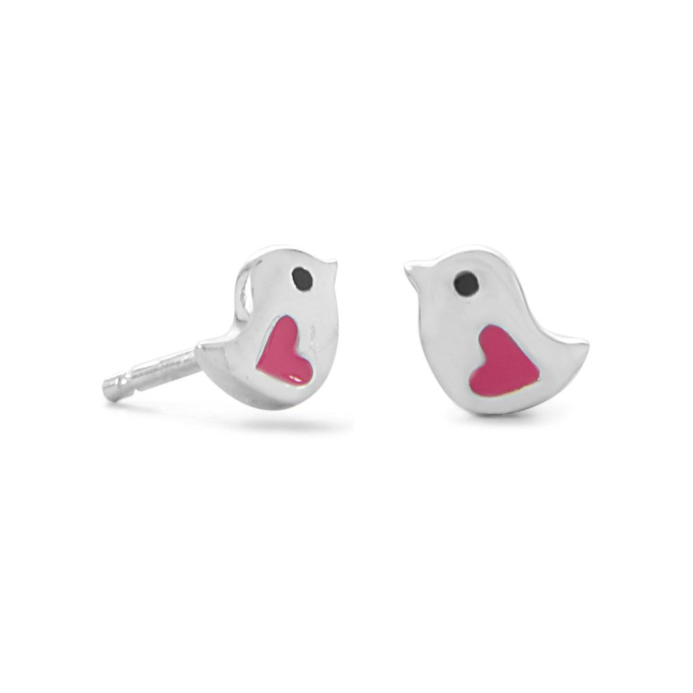 Sterling Silver Pink Heart Enamel Bird Stud Earrings
