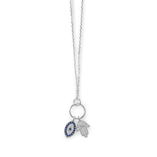 Sterling Silver Cubic Zirconia Evil Eye and Hamsa Necklace