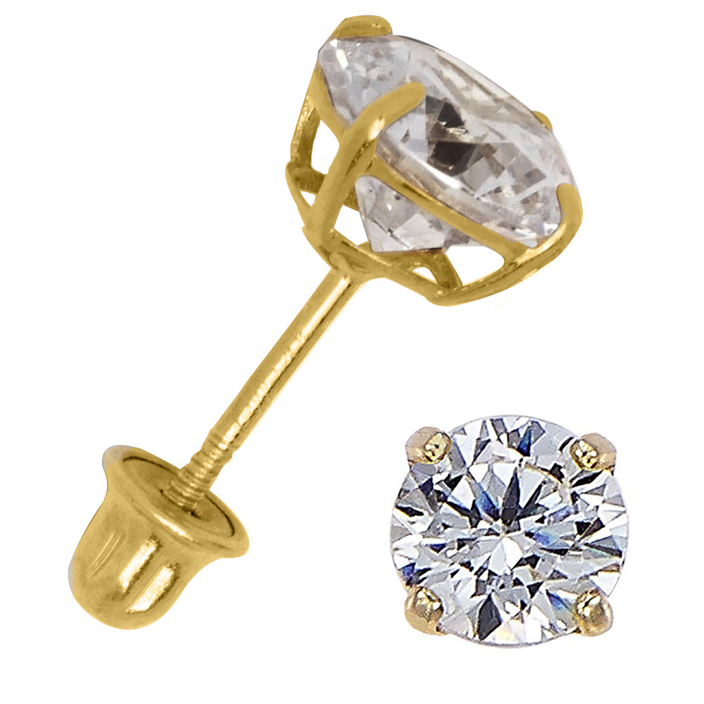 14k Yellow Gold Cubic Zirconia April Birthstone Screw-back Earring Studs - Choice of 3, 4 or 5mm