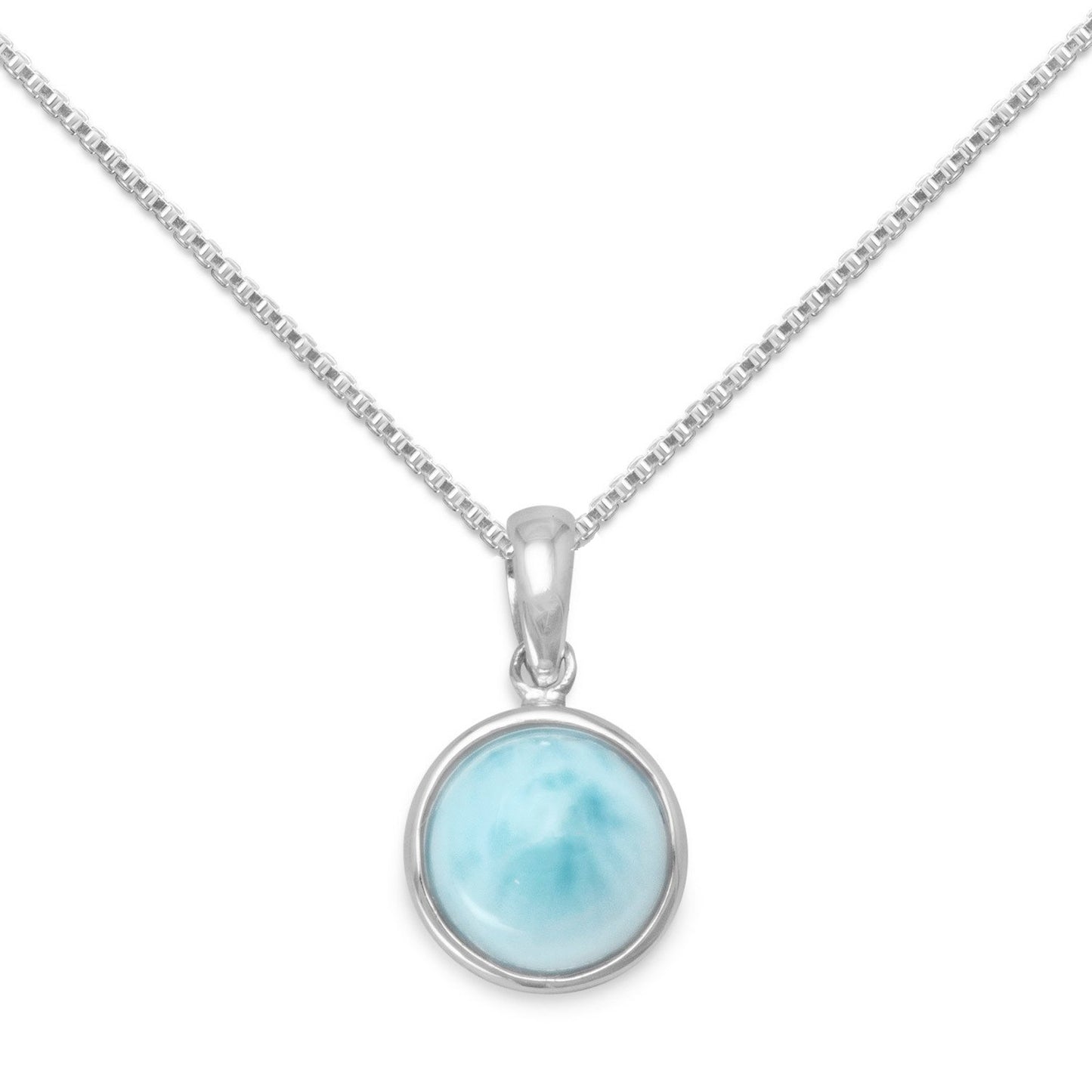 Sterling Silver Round-shape Blue Larimar Pendant with 1.5mm Box Chain