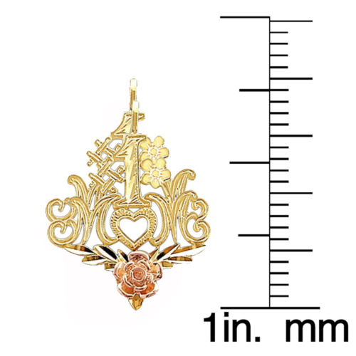 14k Yellow and Rose Gold #1 Mom Rose Design Mother's Day Pendant with 1.5mm Flat Wheat Chain