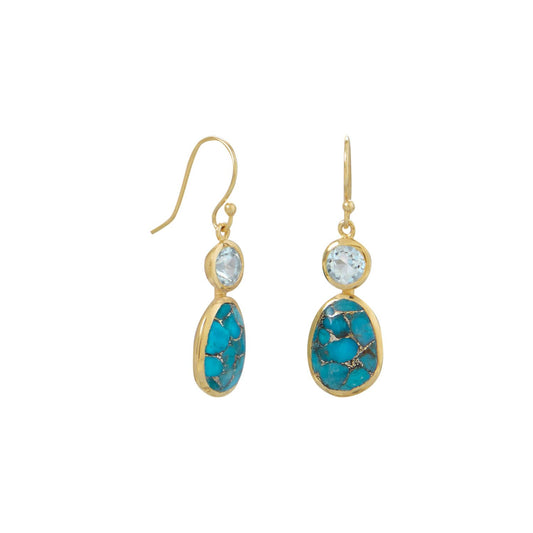 14k Yellow Goldplated Silver Turquoise and Blue Topaz Dangling Earrings