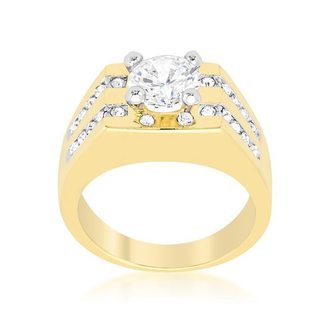Precious Stars Goldtone Men's Round-Cut Clear Cubic Zirconia Fancy Ring