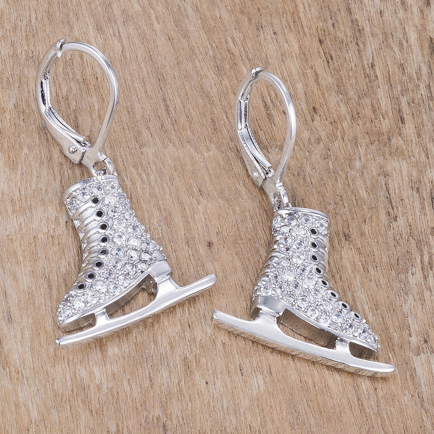 Precious Stars Silvertone Cubic Zirconia Ice Skate Dangling Earrings