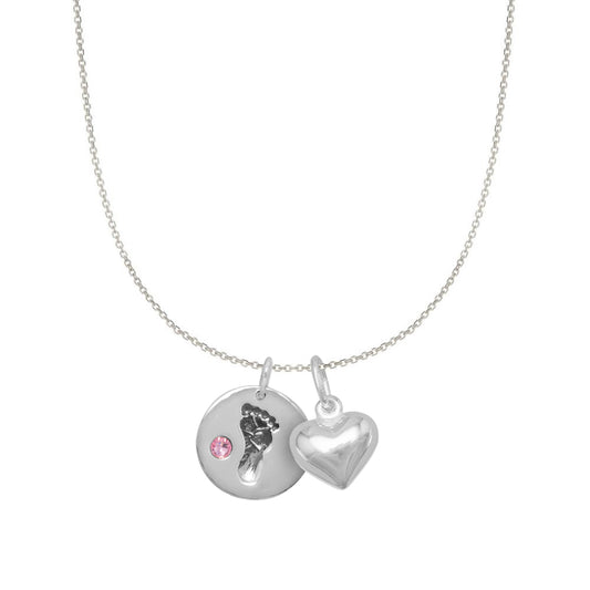 Sterling Silver Pink Crystal Baby Footprint and Heart Charm Necklace