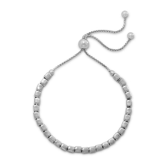 Rhodium Plated Sterling Silver Square Bead Bolo Bracelet