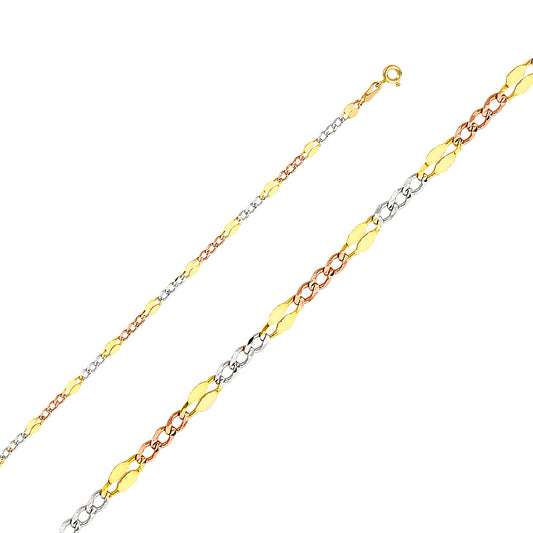 14k Tri-tone Gold 3.7mm Stamped Figaro Unisex Chain Necklace