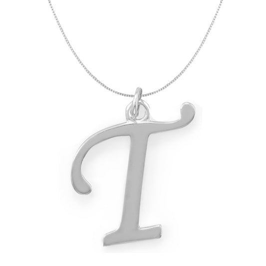 Precious Stars Jewelry Sterling Silver Initial Letter T Pendant with 0.70-mm Thin Box Chain