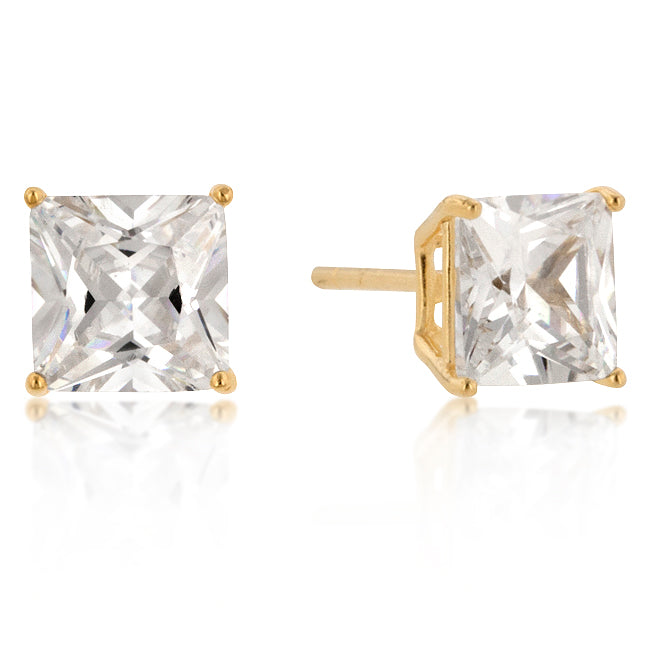 Precious Stars 18k Yellow Goldplated Silver 7mm Princess Cubic Zirconia Studs