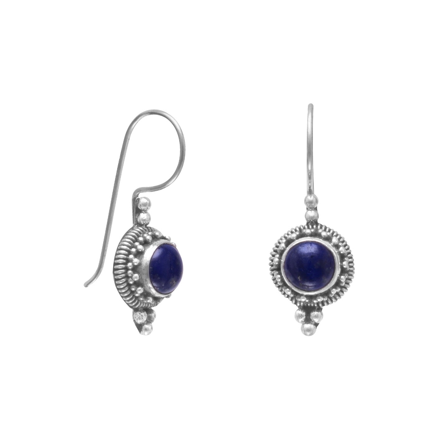Sterling Silver Round Cabochon Lapis Beaded Edge Dangling earrings