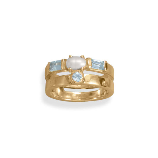 14kt Goldplated Silver Cultured Freshwater Pearl and Blue Topaz Ring