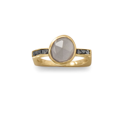14k Yellow Goldplated Silver Grey Moonstone and Diamond Chip Ring