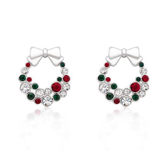 Precious Stars Silvertone Multicolor Crystal Wreath With Bow Holiday Earrings